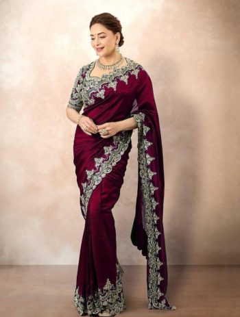 DESIGNER CHINON SILK EMBROIDERY  WITH PIPING BORDER  WORK SAREE WITH UNSTITCHED BLOUSE MAROON
