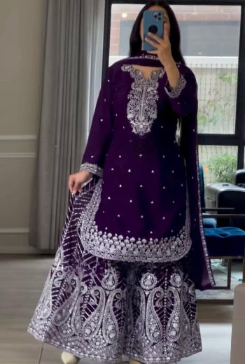 DESIGNER CHINON SILK EMBROIDERY WORK WITH FANCY BORDERS LACE WORK TOP PALAZZO WITH DUPATTA PURPLE