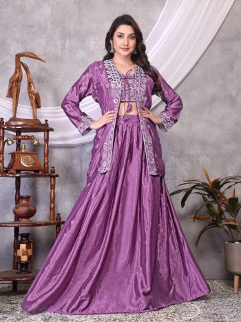 DESIGNER CHINON SILK MULTI EMBROIDERY SEQUENCE SILVER THREAD WORK LEHENGA BLOUSE WITH KOTI  LAVENDER
