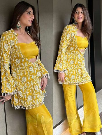 DESIGNER CHINON SILK MULTI THREAD CODING WITH SEQUENCE  WORK TOP BLOUSE WITH PALAZZO  YELLOW
