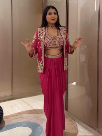 DESIGNER CHINON SILK MULTI THREAD EMBROIDERY WITH CODING SEQUENCE WORK DRAPED DHOTI STYLE SKIRT BLOUSE WITH KOTI  RANI