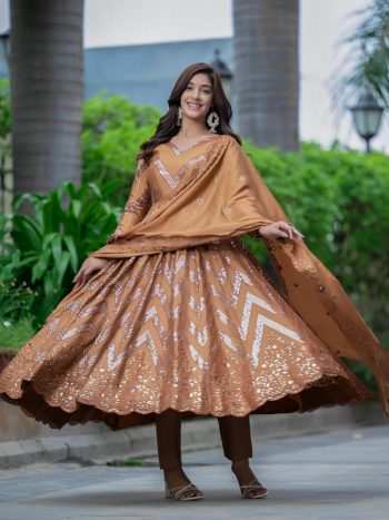 DESIGNER CHINON SILK SEQUENCE EMBROIDERY WORK ANARKALI GOWN BOTTOM WITH DUPATTA CHIKU