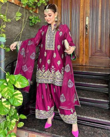 DESIGNER CHINON SILK SEQUENCE EMBROIDERY WORK TOP PALAZZO WITH DUPATTA WINE