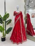 DESIGNER CHINON SILK THREAD AND SEQUENCE WORK SAREE WITH UNSTITCHED BLOUSE RED