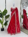 DESIGNER CHINON SILK THREAD AND SEQUENCE WORK SAREE WITH UNSTITCHED BLOUSE PARTY WEAR WHOLESALE PRICE ETHNIC GARMENT (3)