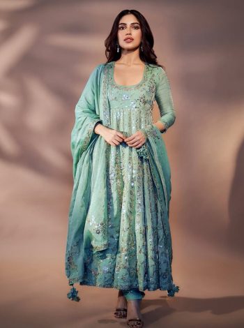 DESIGNER CHINON SILK ZARI AND SEQUENCE EMBROIDERY WORK GOWN BOTTOM WITH DUPATTA SKY