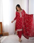 DESIGNER CHINON THREAD SEQUENCE WORK TOP BOTTOM WITH DUPATTA RED