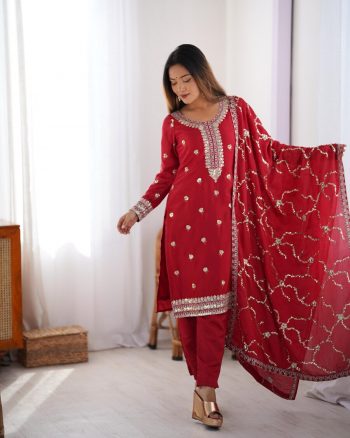DESIGNER CHINON THREAD SEQUENCE WORK TOP BOTTOM WITH DUPATTA RED