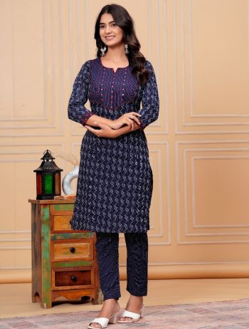 DESIGNER COTTON KATHA EMBROIDERY WORK TOP PENT SET NAVY BLUE