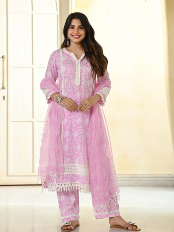 DESIGNER COTTON PRINTED THREAD EMBROIDERY WORK TOP BOTTOM WITH DUPATTA BABY PINK