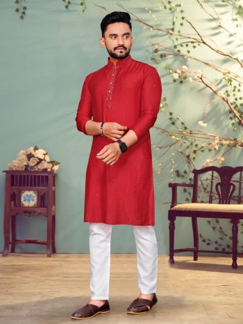 DESIGNER COTTON SEQUENCE WORK MEN'S KURTA WITH PAYJAMA RED