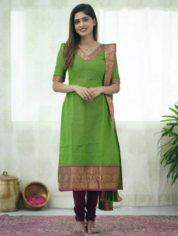 DESIGNER COTTON SILK WEAVING WORK TOP WITH DUPATTA PARROT GREEN