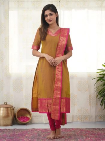 DESIGNER COTTON SILK WEAVING WORK TOP WITH DUPATTA MUSTARD
