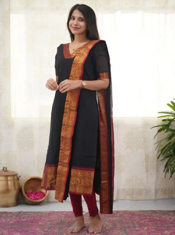 DESIGNER COTTON SILK WEAVING WORK TOP WITH DUPATTA BLACK