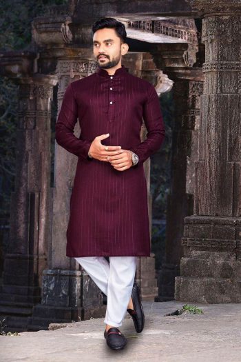 DESIGNER COTTON SLUB SILVER WEAVING WORK MEN'S KURTA WITH PAYJAMA WINE