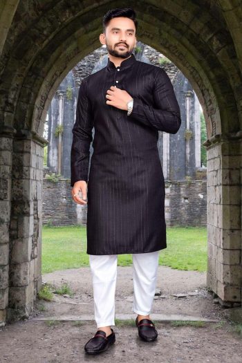 DESIGNER COTTON SLUB SILVER WEAVING WORK MEN'S KURTA WITH PAYJAMA BLACK