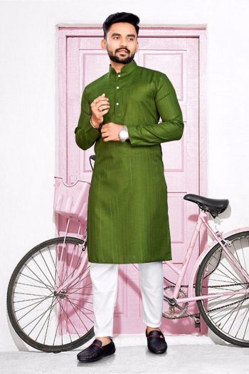 DESIGNER COTTON SLUB SILVER WEAVING WORK MEN'S KURTA WITH PAYJAMA MEHNDI