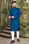 DESIGNER COTTON SLUB SILVER WEAVING WORK MEN'S KURTA WITH PAYJAMA BLUE