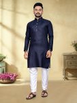 DESIGNER COTTON SLUB SILVER WEAVING WORK MEN'S KURTA WITH PAYJAMA NAVY BLUE