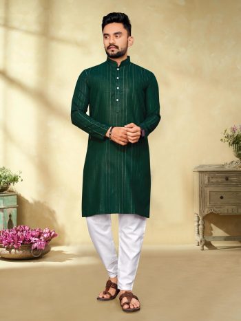 DESIGNER COTTON SLUB SILVER WEAVING WORK MEN'S KURTA WITH PAYJAMA GREEN