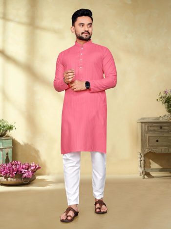 DESIGNER COTTON SLUB SILVER WEAVING WORK MEN'S KURTA WITH PAYJAMA PINK