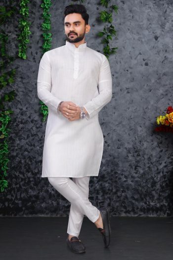 DESIGNER COTTON SLUB SILVER WEAVING WORK MEN'S KURTA WITH PAYJAMA WHITE