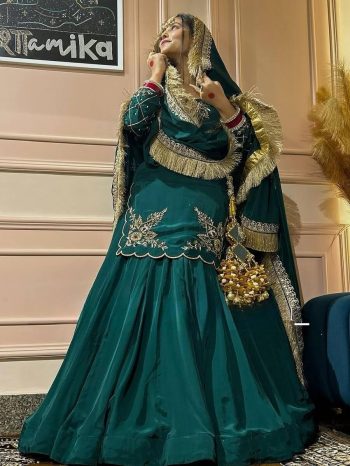 DESIGNER CREEP SILK BEADS HAND WORK WITH SEQUENCE MULTI NEEDLE EMBROIDERY AND ZARI WORK TOP LEHENGA WITH DUPATTA GREEN