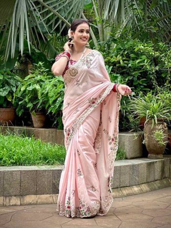 DESIGNER DOLA SILK EMBROIDERY WORK SAREE WITH UNSTITCHED BLOUSE  BABY PINK