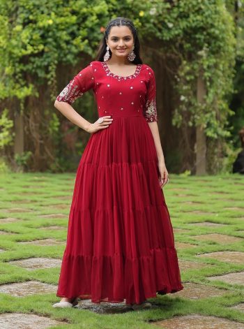 DESIGNER FAUX BLOOMING EMBROIDERY ZARI SEQUENCE WORK GOWN RED