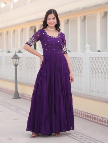 DESIGNER FAUX BLOOMING EMBROIDERY ZARI SEQUENCE WORK GOWN PURPLE