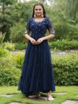 DESIGNER FAUX BLOOMING EMBROIDERY ZARI SEQUENCE WORK GOWN NAVY BLUE