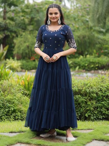 DESIGNER FAUX BLOOMING EMBROIDERY ZARI SEQUENCE WORK GOWN NAVY BLUE