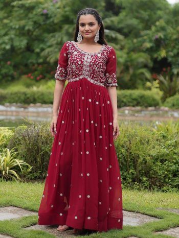 DESIGNER FAUX BLOOMING EMBROIDERY ZARI SEQUENCE WORK GOWN  MAROON
