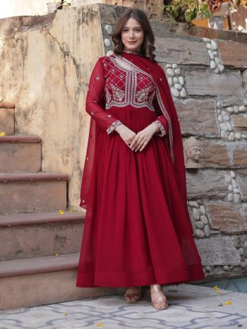 DESIGNER FAUX BLOOMING SEQUENCE MULTI AND BEADS EMBROIDERED WORK GOWN WITH DUPATTA MAROON