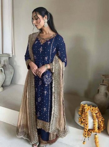 DESIGNER FAUX GEORGETTE EMBROIDERY SEQUENCE WORK TOP PALAZZO WITH DUPATTA BLUE