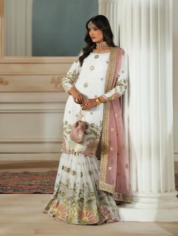 DESIGNER FAUX GEORGETTE EMBROIDERY SEQUENCE WORK  TOP SHARARA WITH DUPATTA WHITE