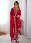 DESIGNER FAUX GEORGETTE THREAD WORK TOP BOTTOM WITH DUPATTA RED