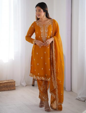 DESIGNER FAUX GEORGETTE THREAD WORK TOP BOTTOM WITH DUPATTA YELLOW