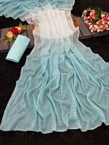 DESIGNER GEORGETTE DIGITAL PRINTED HAND WORK SAREE WITH UNSTITCHED BLOUSE SKY