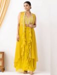DESIGNER GEORGETTE EMBROIDERY BEADS SEQUENCE WORK WITH HEAVY LACE WORK BLOUSE DHOTI WITH KOTI  YELLOW