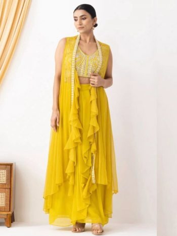 DESIGNER GEORGETTE EMBROIDERY BEADS SEQUENCE WORK WITH HEAVY LACE WORK BLOUSE DHOTI WITH KOTI  YELLOW