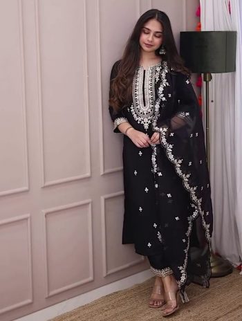 DESIGNER GEORGETTE EMBROIDERY CODING DORI-SEQUENCE WORK TOP BOTTOM WITH DUPATTA BLACK