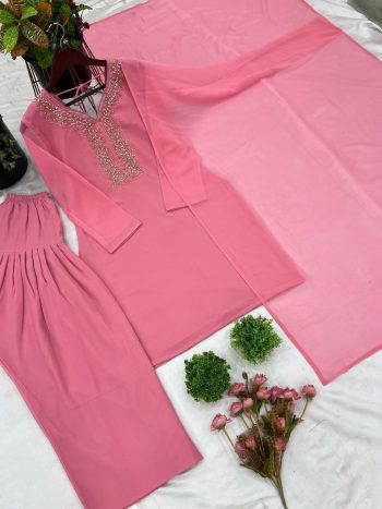 DESIGNER GEORGETTE EMBROIDERY HANDWORK TOP PATIYALA WITH DUPATTA PINK