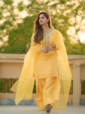 DESIGNER GEORGETTE EMBROIDERY HANDWORK TOP PATIYALA WITH DUPATTA YELLOW
