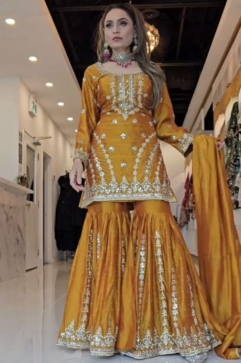 DESIGNER GEORGETTE EMBROIDERY SEQUENCE BEADS WORK TOP SHARARA WITH DUPATTA MUSTARD
