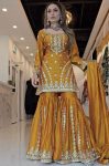 DESIGNER GEORGETTE EMBROIDERY SEQUENCE BEADS WORK TOP SHARARA WITH DUPATTA MUSTARD