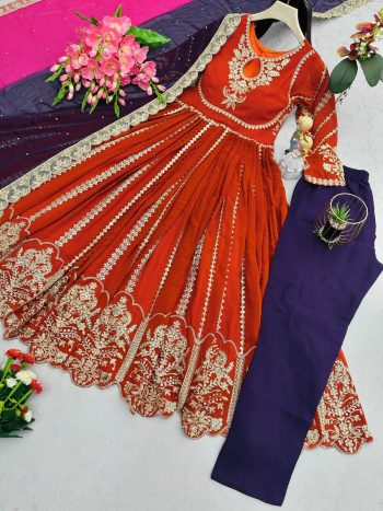 DESIGNER GEORGETTE EMBROIDERY SEQUENCE CODING WORK GOWN BOTTOM WITH DUPATTA ORANGE