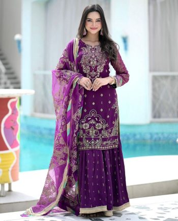 DESIGNER GEORGETTE EMBROIDERY SEQUENCE THREAD WORK TOP SHARARA WITH DUPATTA PURPLE