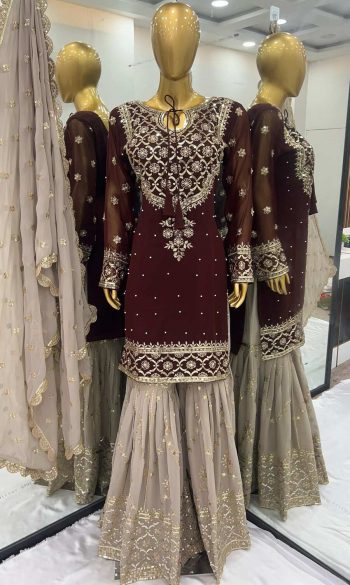 DESIGNER GEORGETTE EMBROIDERY SEQUENCE WORK  TOP SHARARA WITH DUPATTA BROWN