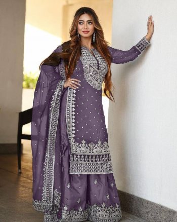 DESIGNER GEORGETTE EMBROIDERY SEQUENCE WORK TOP SHARARA WITH DUPATTA LAVENDER